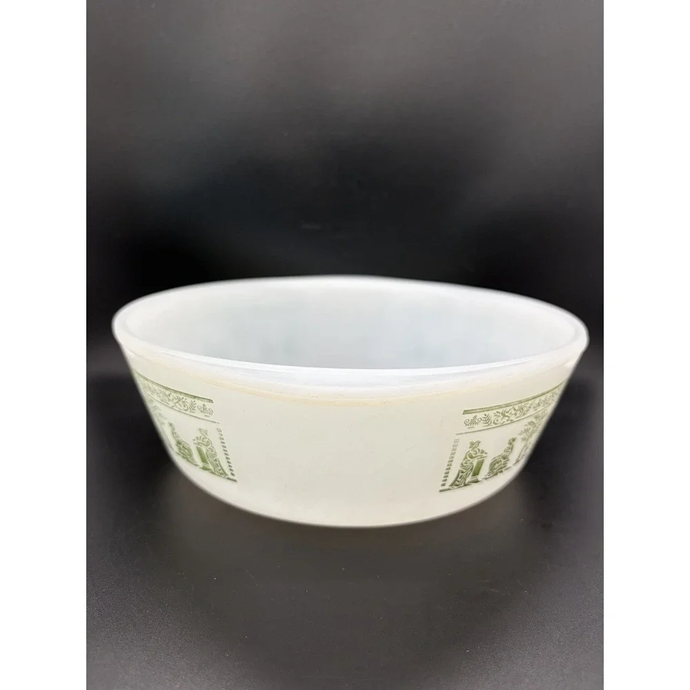 Vintage Glasbake Milk Glass With Roman Greek Green Design 2 QT Casserole‎ Dish